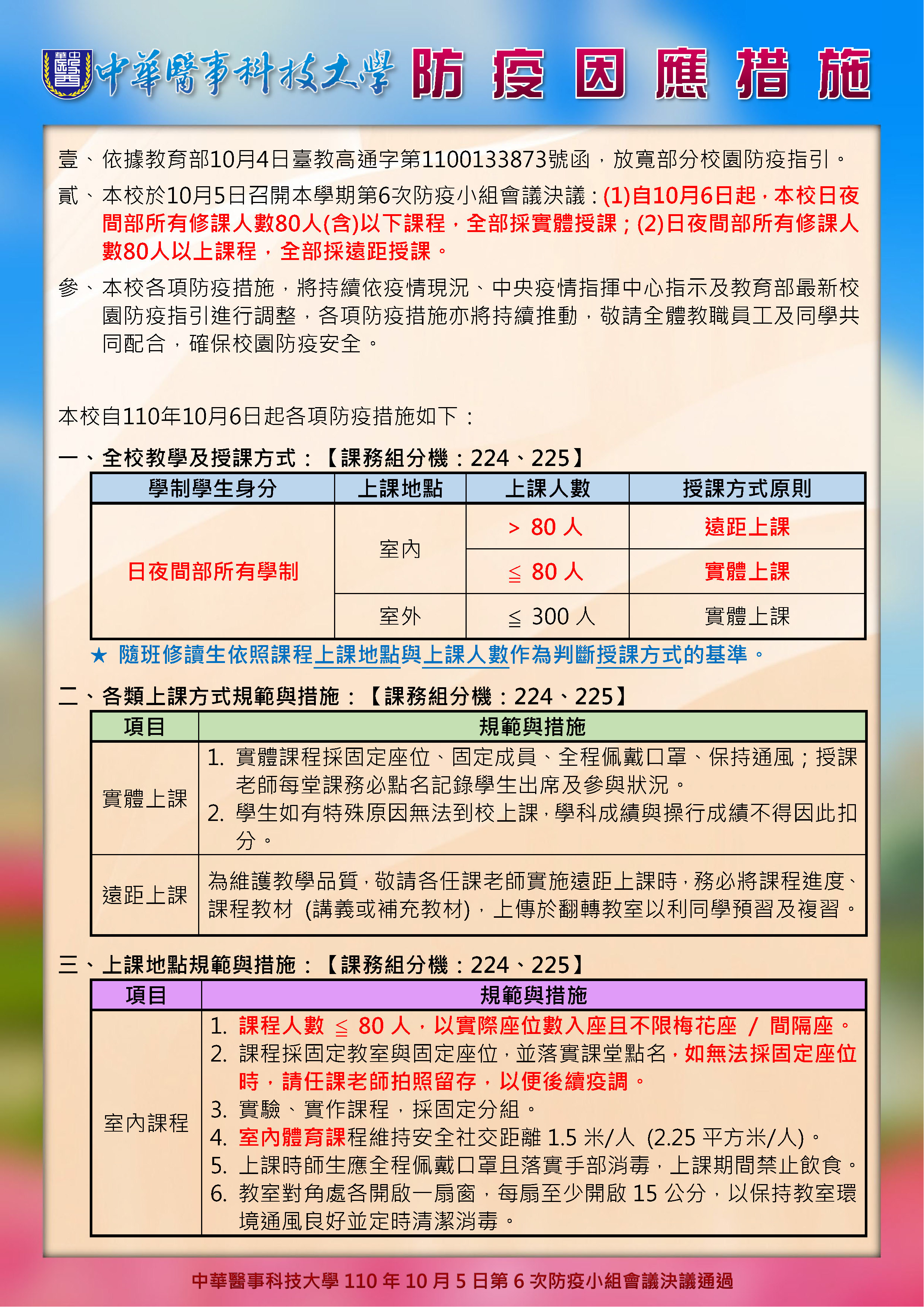 中華醫事科技大學自110年10月6日起防疫因應措施公告 P1