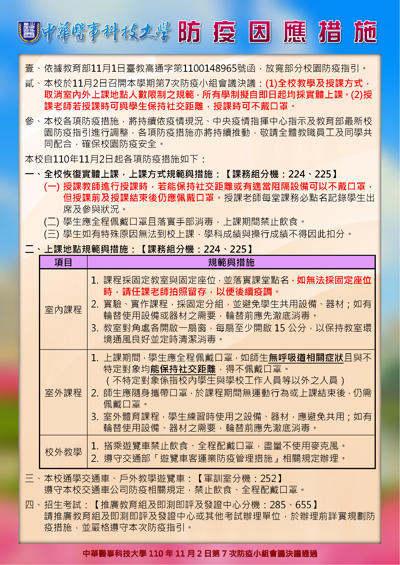 中華醫事科技大學自110年11月2日起防疫因應措施1